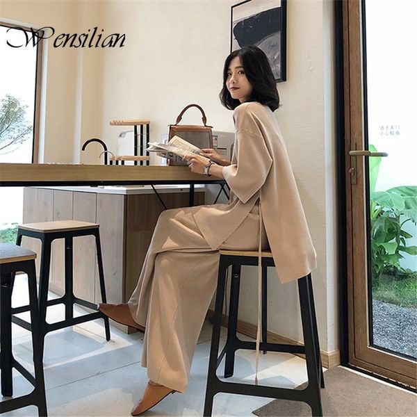 

knitting sweater pantsuit women two piece set knitted pullover suits long sleeve v-neck bandage wide leg pants suit women, Gray