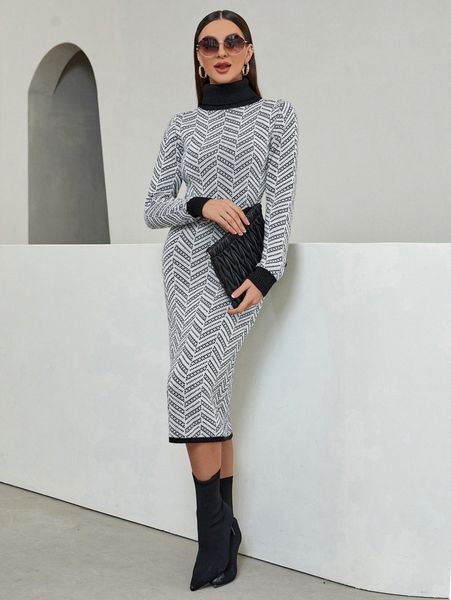 

herringbone pattern turtleneck sweater dress without belt v2fo#, Black;gray