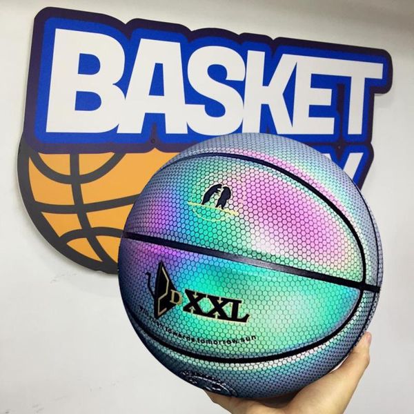 

dxxl 3th holographic luminous basketball rainbow 3m reflect light black basketball ball imported pu leather indoor outdoor basketball size 7