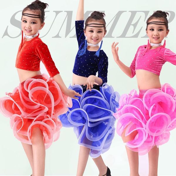 

kids ballroom dance wear salsa tango rumba samba costume velvet children professional latin dance dress for girls flamengo skirt1, Black;red