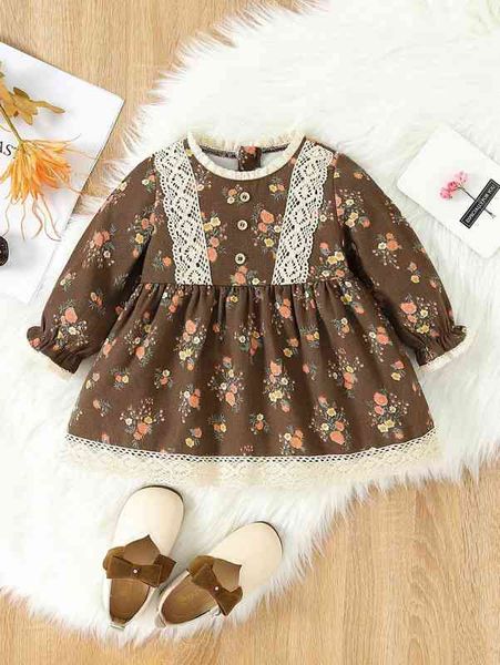 

baby ditsy floral print guipure lace insert flounce sleeve dress she, Red;yellow