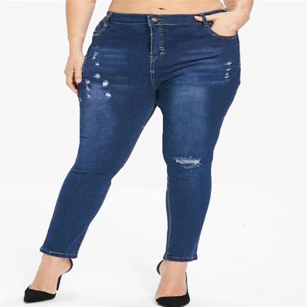 

large jeans women's 2020 new hole tight stretch, Blue