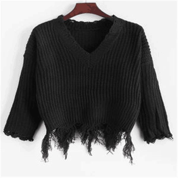 

2021 women's tassel long sleeve v collar pullover wear solid autumn new version of slim thin sweater k78u, White;black