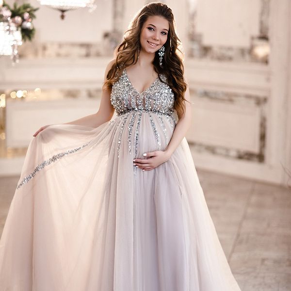 Sparkly Sequins PROM Платья для беременных V-шеи Tulle Plus Размер Дубай Саудовская Арабская формальные вечерние платья