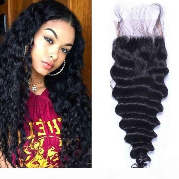 

malaysian deep wave 4*4 lace closure middle three part natural color human hair closure 8 to 20 inches, Black;brown