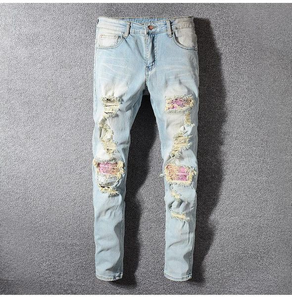 

men's jeans male man patchwork bandanna paisley printed biker light blue holes ripped skinny stretch denim pants trousers