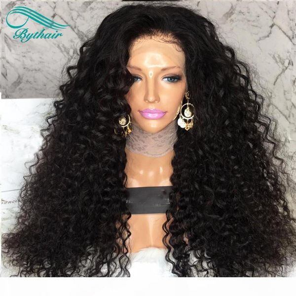 

bythair pre щипковых 100% девственницы человеческих волос глубокая волна фронта шнурка парики перуанский волос девственницы курчавый полный, Black;brown