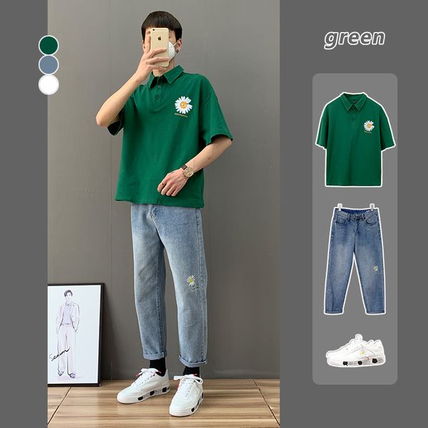 

2020 summer new mini daisy printed polo shirt for men's loose short sleeve t-shirt trendy cool lapel top