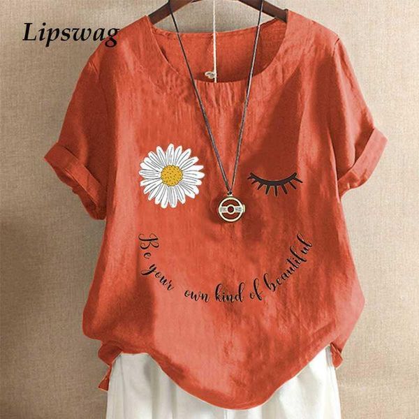 

vintage cotton linen women shirt blouse summer casual o neck print shirts blusa elegant button short sleeve pullover 5xl1, White