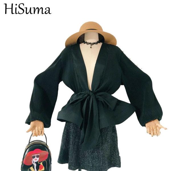 

hisuma spring autumn women deep v-neck puff sleeve ruffles shirt lady lace up bandage slim high waist chiffon blouse, White