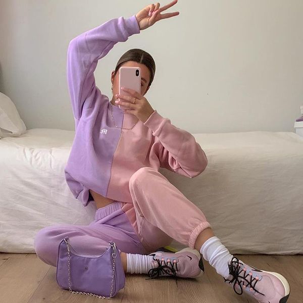 

women pink purple patchwork two piece set tracksuit long sleeve sweatshirts and baggy sweatpants fahion autumn winter streetwear, Gray