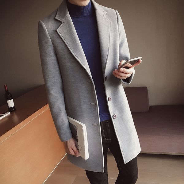 

fall / winter 2021 men's windbreaker mid-length trench korean slim woolen coat british overcoat windcheater wind-jacket, Black;brown