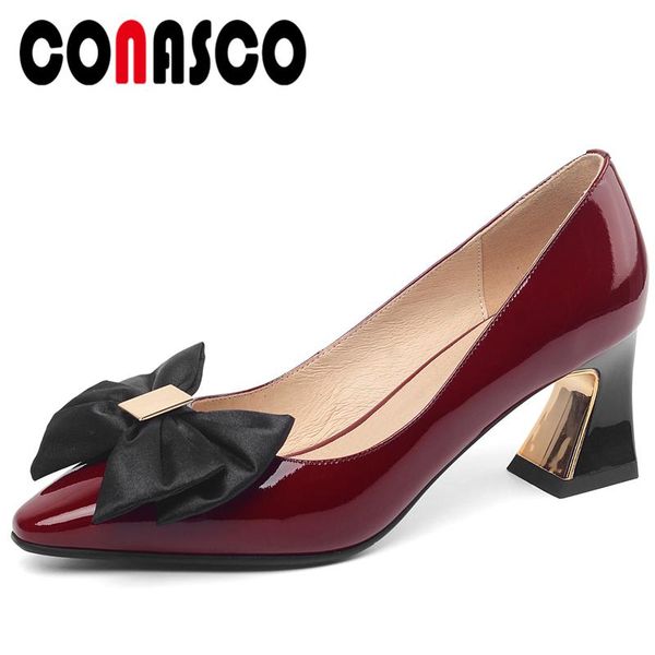 

conasco euro style spring summer new woman pumps genuine leather butterfly-knot metal decoration office high heels shoes woman, Black