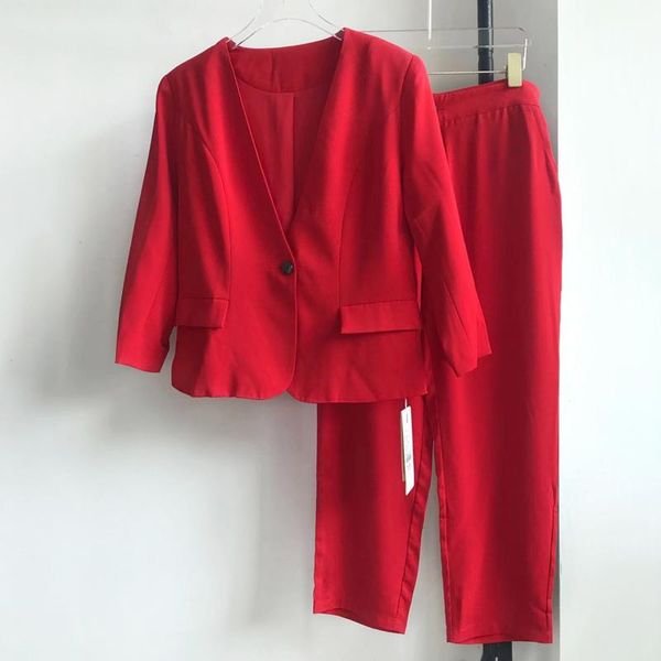 

women's two piece pants red v-neck small suit, spring temperament single button work wear, short slim slimming female suit[livivio], White