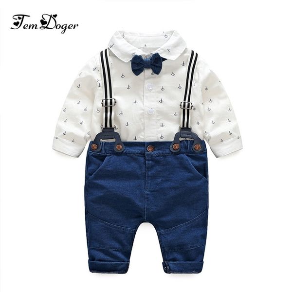 

tem doge baby boy clothing sets infant newborn boys clothes tie rompers+overalls 2pcs gentleman outfits sets for bebes wear y200803, White