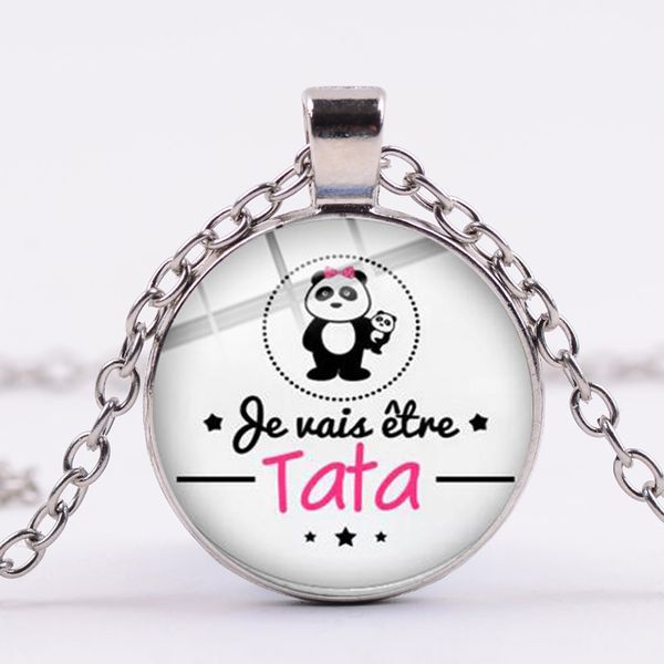 

je suis une tata qui dechire necklace cartoon letters print glass crystal pendant french maitresse wonderful gift jewelry, Silver