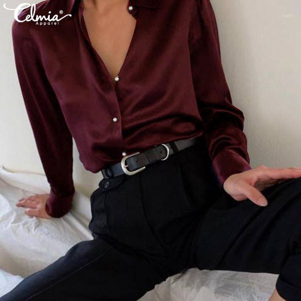 

celmia 2020 autumn women fashion long sleeves satin blouse vintage button down lapel neck street shirts elegant silk 5xl1, White