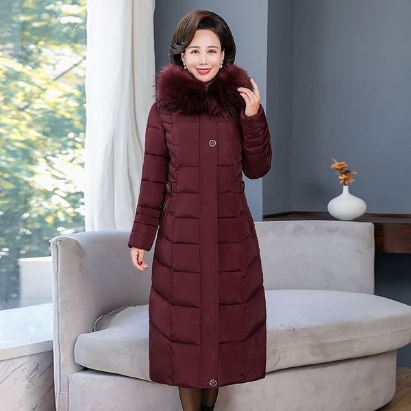 

women's solid x-long jacket winter slim parka thick hooded fur collar office laides coat femme casual outwear abrigo mujer 201125, Black