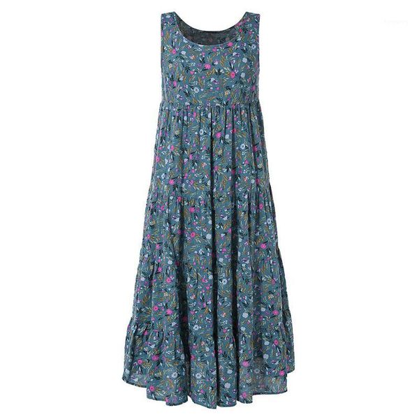 

floral print bohemian casual dress 2020 new summer plus size sleeveless cotton linen women boho dress holiday beach s-5xl1, Black;gray