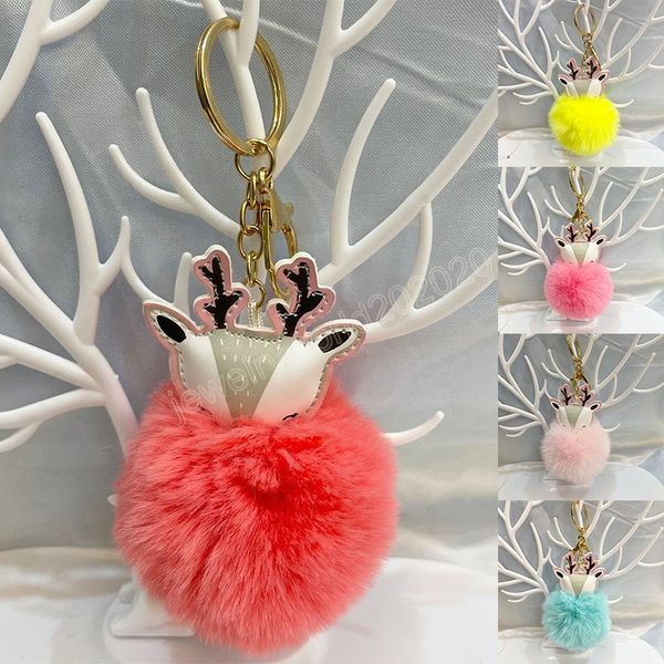 

cute leather elk plush pompom keychains women solid color fluffy faux fur ball key chain handbag hanging bags key ring pendant, Silver