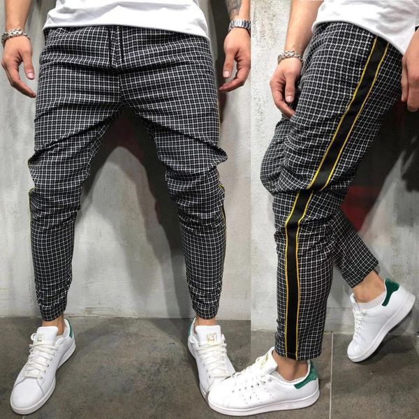

mens pants casual men trousers skinny super stretch chinos slim fit pant plaid elastic waist, Black