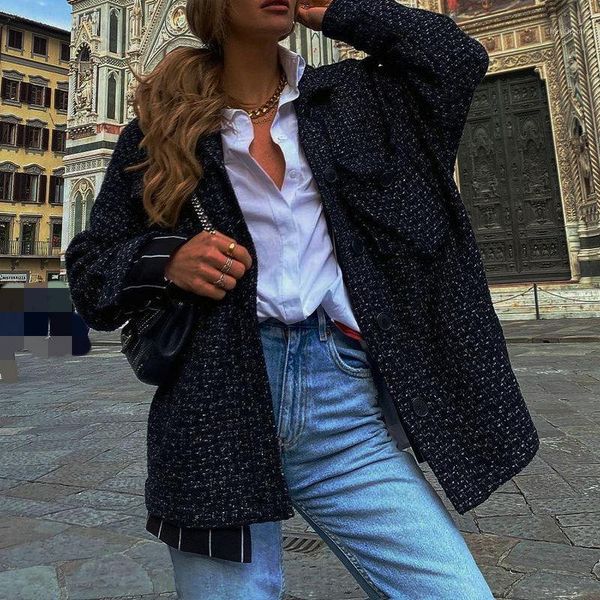 

2021 vintage stylish women pockets oversized black plaid jacket coat lapel collar long sleeve loose outerwear chic 1, Black;brown