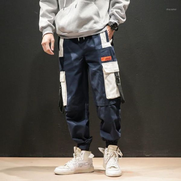 

men hip hip streetwear ribbons patchwork side pockets joggers pants men 100% cotton cargo trousers elastic waist harem pant1, Black