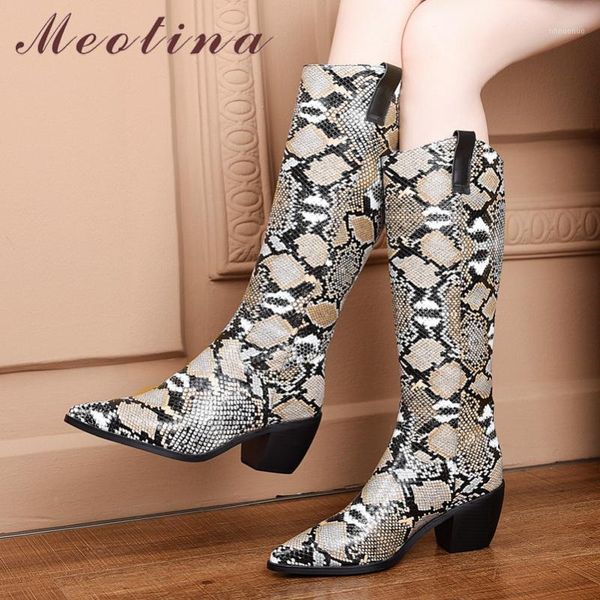 

boots meotina winter knee high women snake print block heel western slip on pointed toe shoes ladies large size 34-461, Black