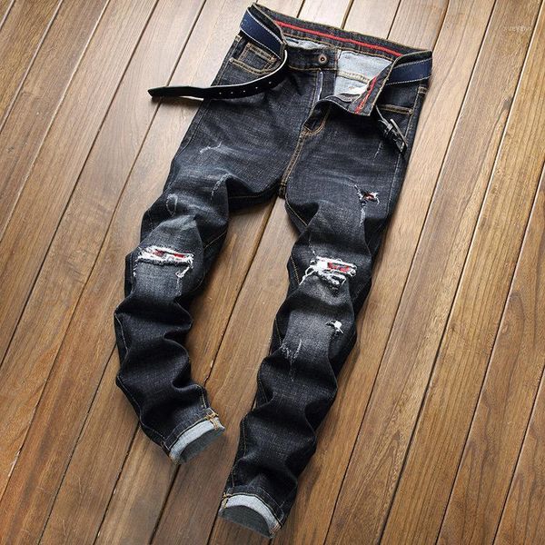 

new men's patchwork jeans ripped straight stretch cotton denim pants slim fit youth casual skateboard cowboys trousers for man1, Blue