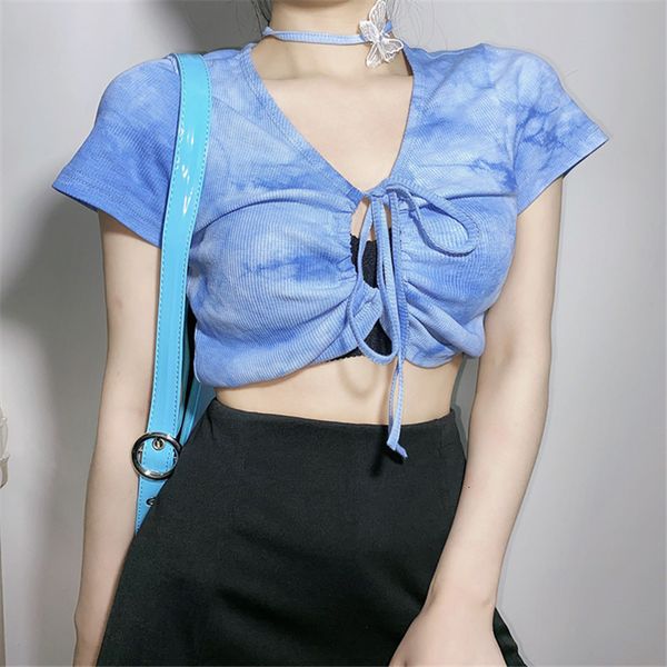 

2020 new tie dye print women lace up bow camis drawstrings open stitch hollow crop party club tees streetwear