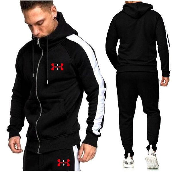 

2020 new autumn and winter men's casual fleece suit indoor and outdoor sports zipper elastic belt pants printing pattern sui, Gray