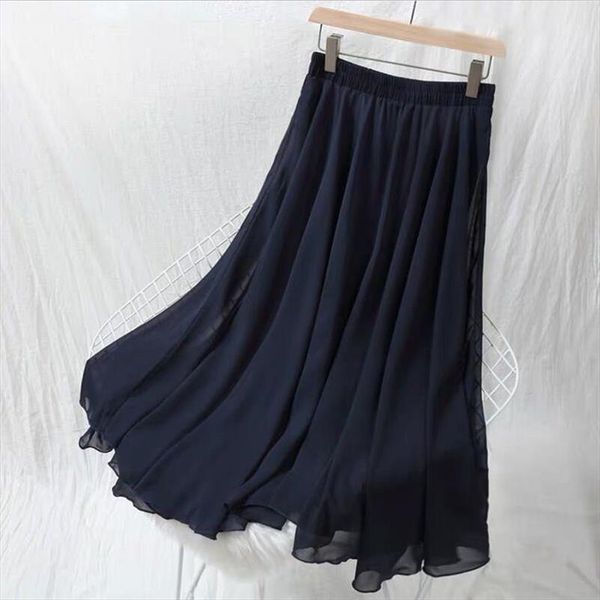 

plus size 5xl 6xl 7xl women 2020 autumn fashion high waist chiffon skirts solid pleated long skirt vintage elegant maxi skirts, Black
