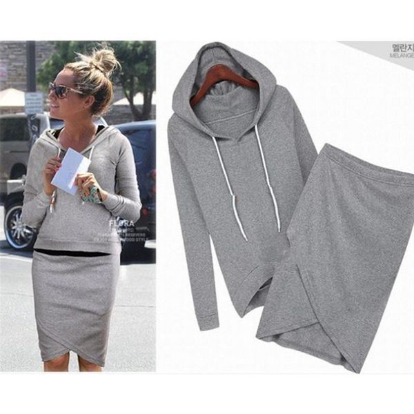 

oufisun autumn spring solid long sleeve hooded women two sets elegant causal elastic waist irregular simple femme suit, Gray