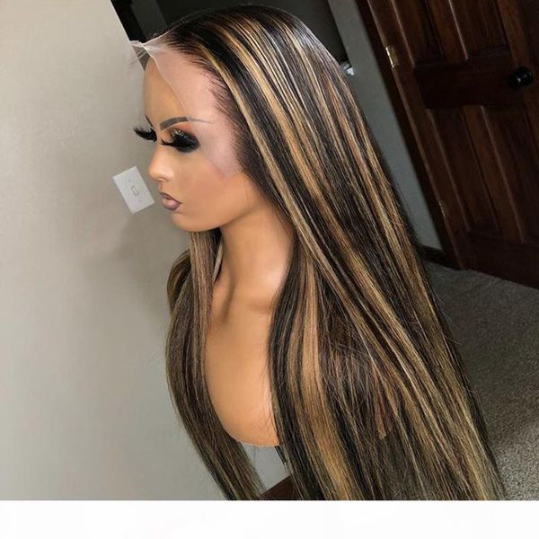 

2x4 honey blonde brown wig highlight straight hair wig peruvian remy for women 100% human hair 150% density color slove, Black;brown