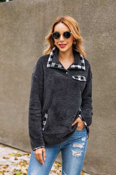 

2021 new women's fashion turtleneck plaid fleece fuzzy sweatershirts outerwear m7gg, Black