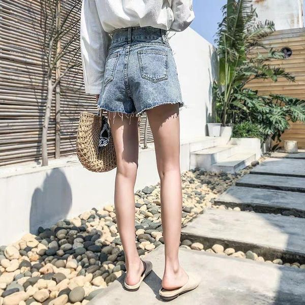 

preppy double buckle ladies denim shorts women casual high waist loose wide-leg freyed edge shorts refreshing jean, White;black