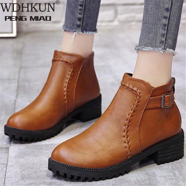 

2020 new martin boots pu low tube flat rubber round toe women casual short leather boots warm women's large size 43, Black