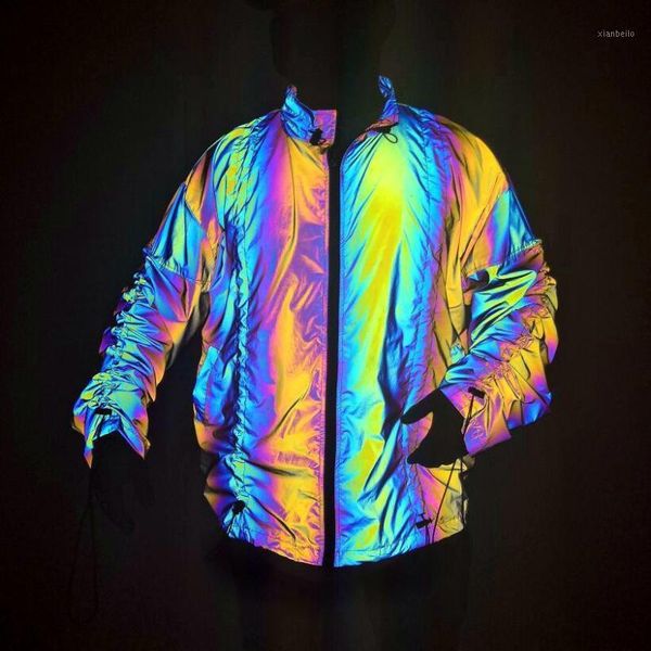 

new arrival men colorful reflective jackets long sleeve drawstring loose hip hop coats mens personality punk jacket ropa hombre1, Black;brown