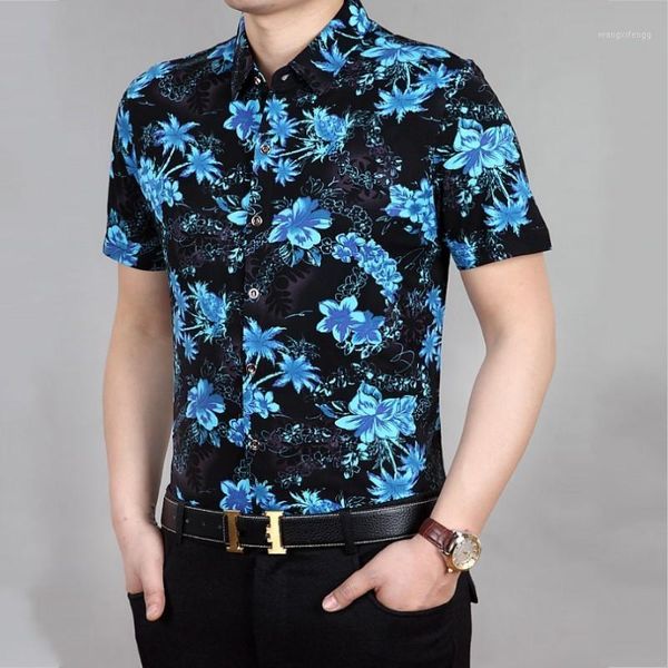 

men floral printed slim fit shirt summer thin short sleeve business casual shirts chemise homme night club party shirts 3xl1, White;black