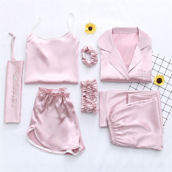 

2019 summer women 7 pieces silk pajamas satin pyjamas set sleepwear pijama nightsuit female sleep loungewear t200707, Black;red