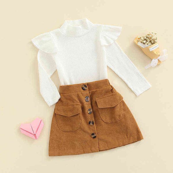 

lovely kids girl clothes fall outfit long sleeve turtleneck ribbed solid color high waist buttoned skirt with pockets g220217, White