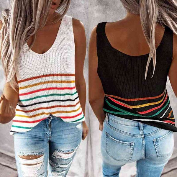 

casual women summer tanks v neck knitted female tees striped pullover streetwear women clothes tank, White