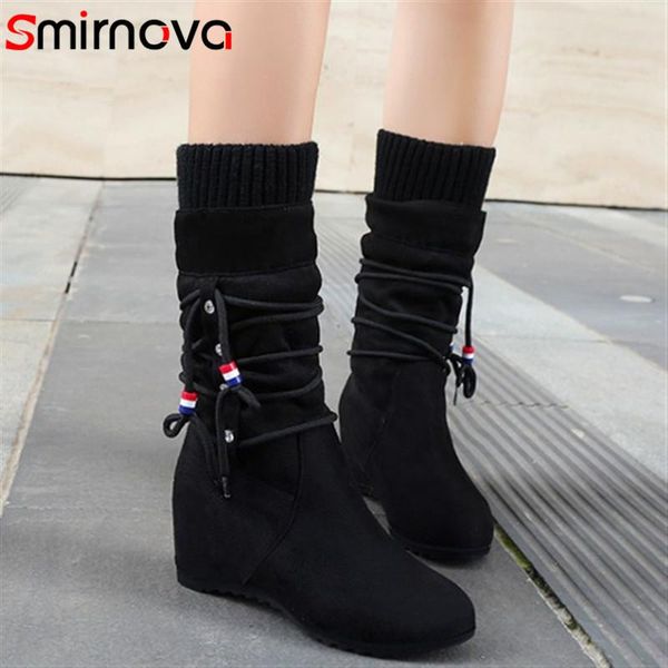 

smirnova 2020 winter new arrival women's boots female mid calf boots slip on shoes height increasing high heel ladies, Black