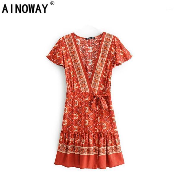 

vintage chic women hippie floral print deep v-neck sashes bohemian mini dress ladies short sleeve rayon boho dresses vestidos1, Black;gray