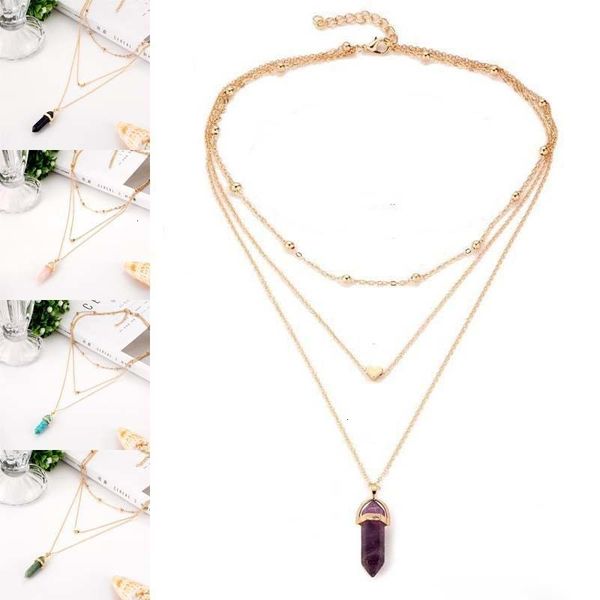 

pendant necklace new heart hexagonal love natural stone gold chain multilayer necklaces fashion jewelry for women gift3l