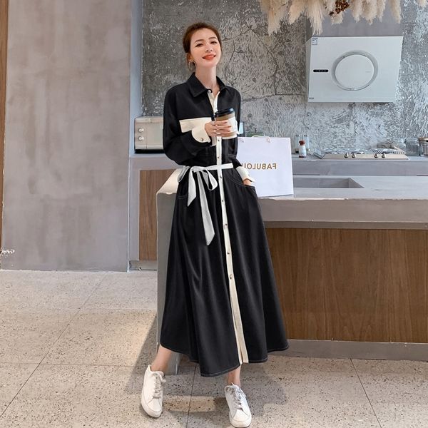 

hepburn style chiffon women's autumn dressshirt dress 2020 new waist slimming temperament stitching contrast color shirt dress tvmlu, Black;gray