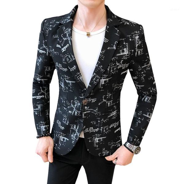 

2020 mens korean version slim fit wedding texudos single button print blazer suit jacket plus size m-4xl mens coat1, White;black