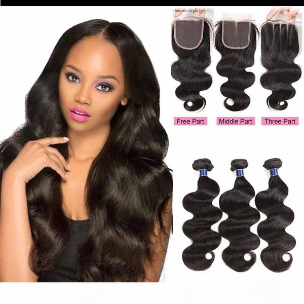 

7a необработанные бразильский девы человеческий плетение волос объемная волна natural color 4x4 шнурок закрытие с 3 связки от bestchengzhi, Black;brown