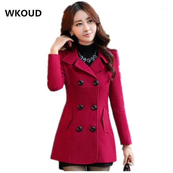 

wholesale-wkoud women woolen coats winter trench coat fashion solid double breasted overcoat turn-down collar slim outerwear c81031, Tan;black