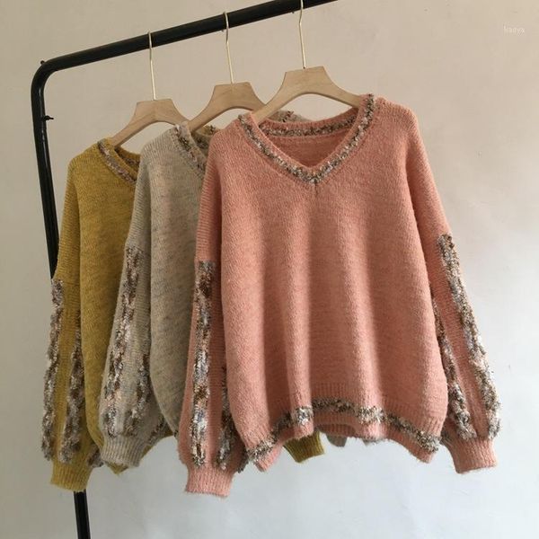 

women's v-neck pullover winter sweater color matching short slim pink loose casual sweater 3colors1, White;black
